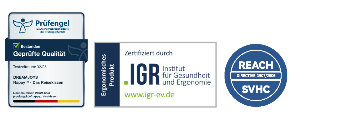 Zertifizierte Qualität: Nappy Reisekissen mit IGR und Prüfengel Zertifikaten