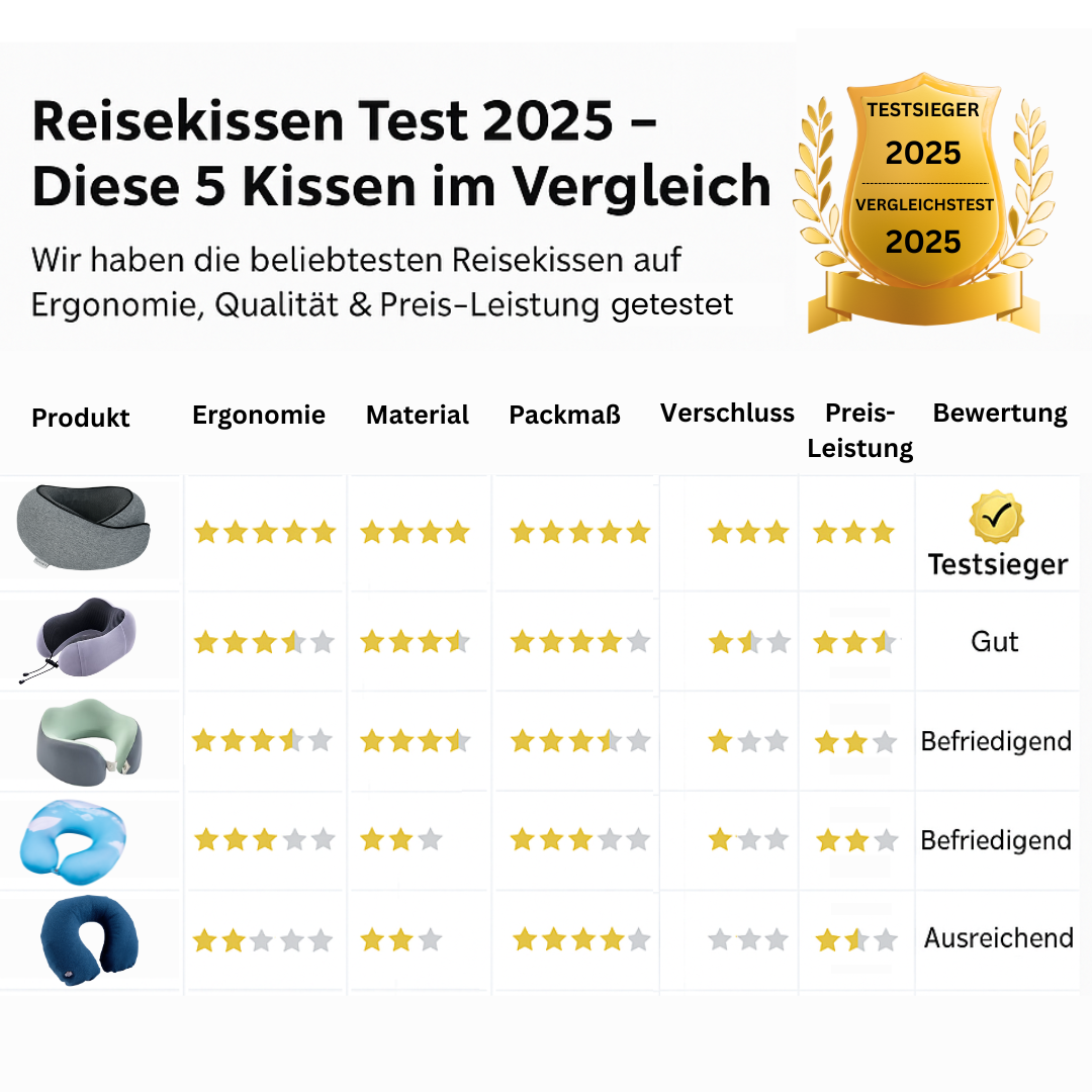 Vergleichstabelle von Reisekissen – Nappy Praxis Testsieger mit ergonomischer Stütze und zertifizierten Materialien. Vergleichstest Reisekissen