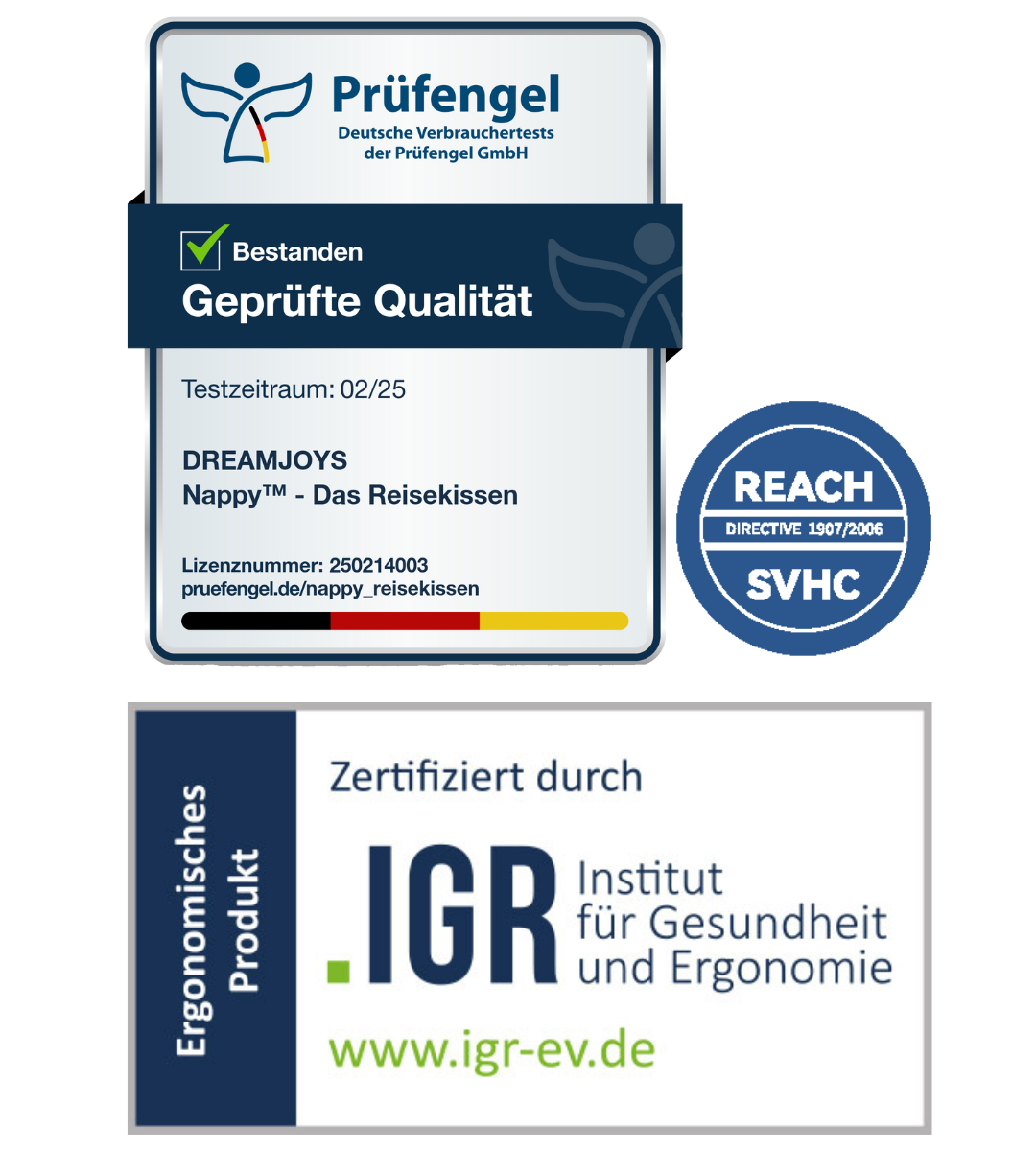 Zertifizierte Qualität: Nappy Reisekissen mit IGR und Prüfengel Zertifikaten
